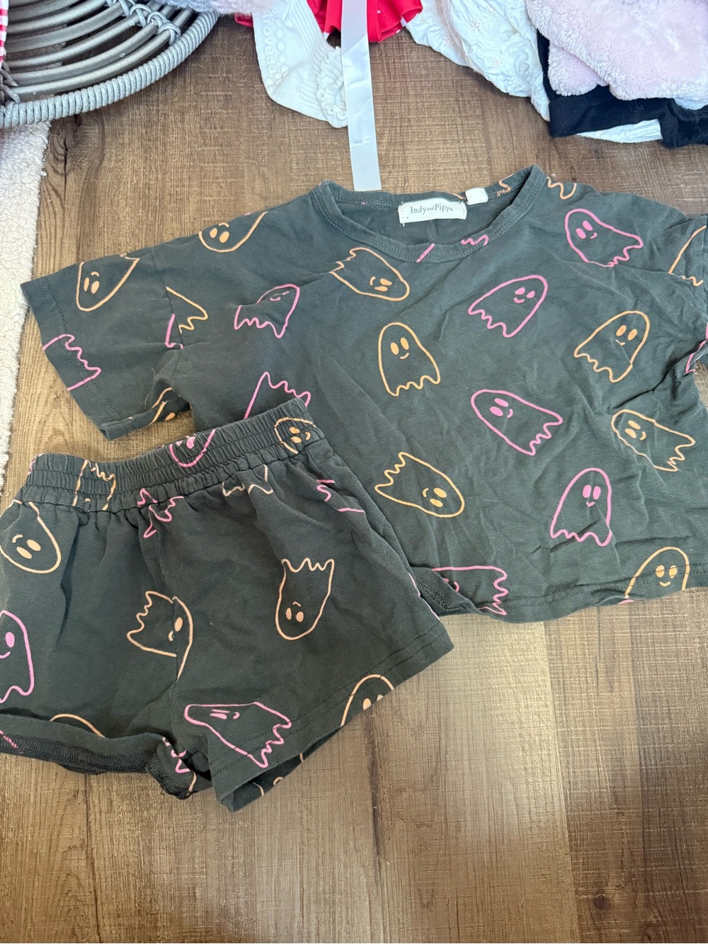 Kids Ghost Print Tee & Shorts Set - Black with Pink & Orange Ghosts